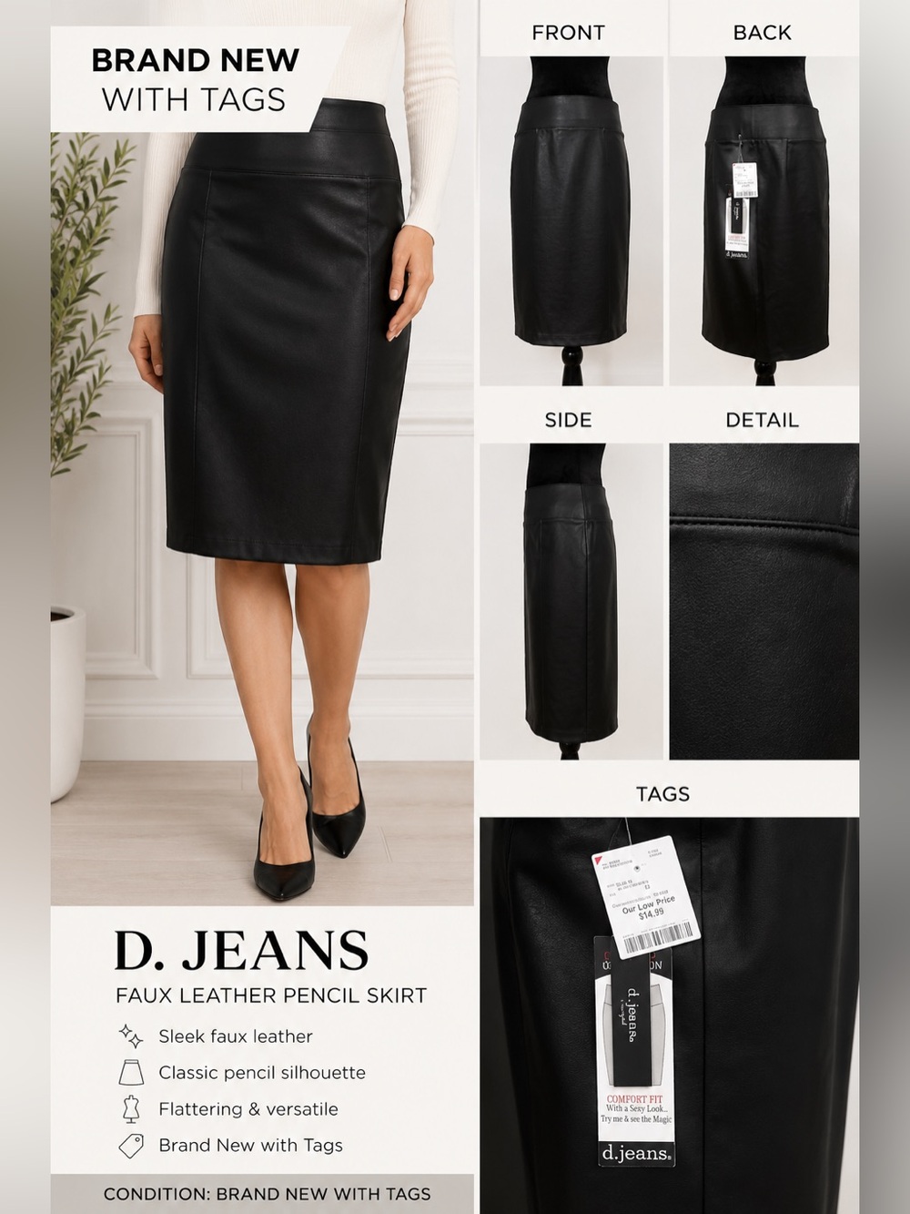 NWT - Black Faux Leather Pencil Skirt Size 12 | Chic Midi Skirt